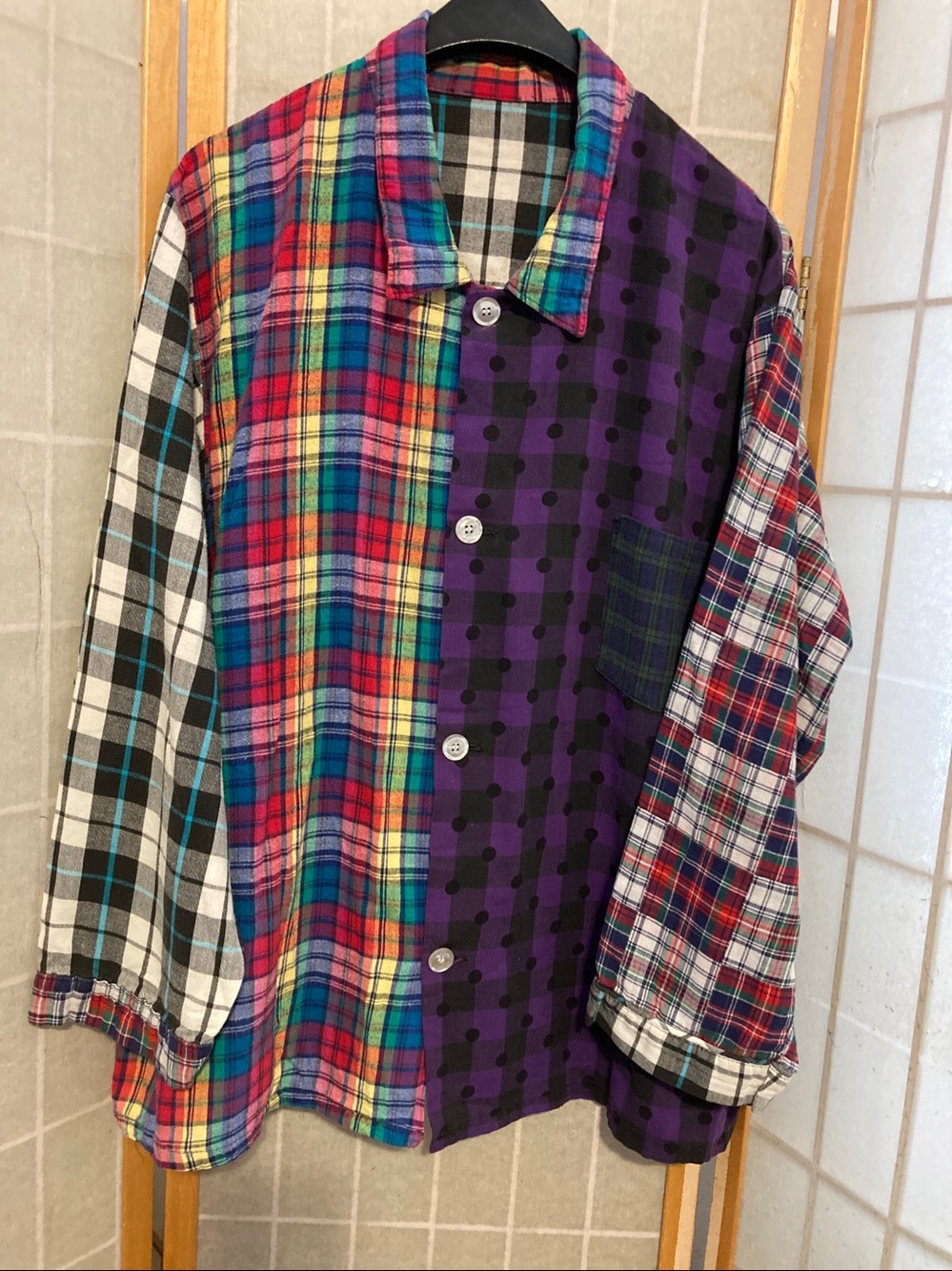 Men's or women’s Patchwork Plaid & Check Button-Up PJ Shirt - Purple/Multicolor